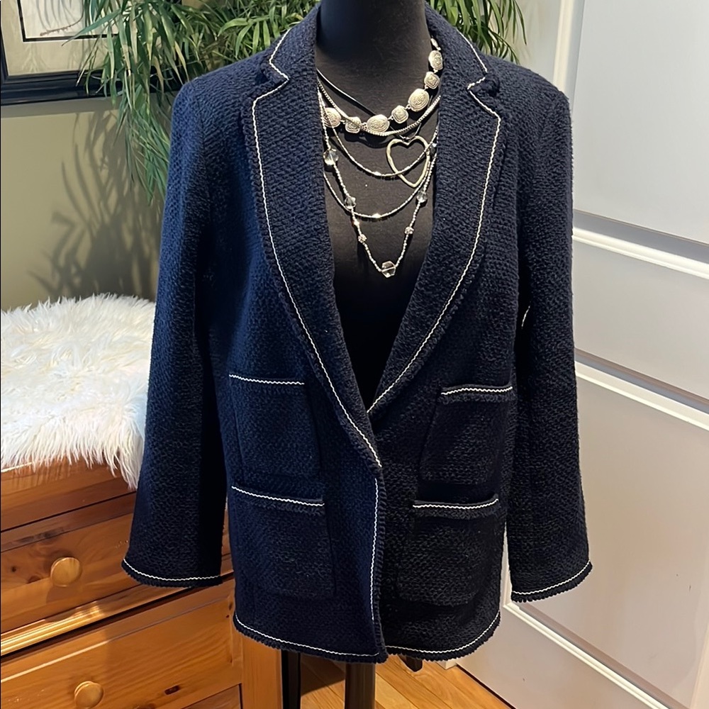 Talbots Navy Blue Blazer with White Stitching